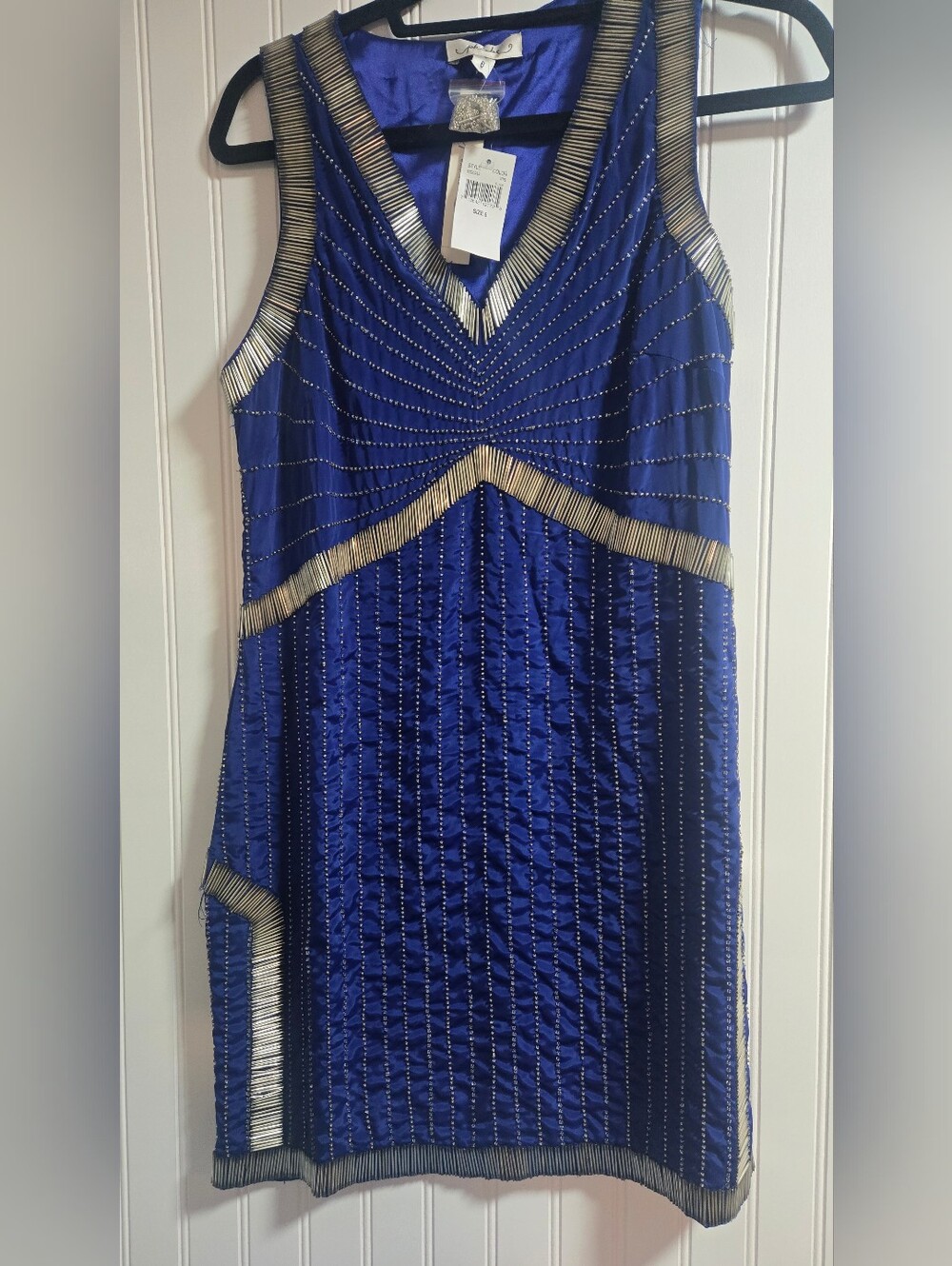 Phoebe Couture Beaded Cobalt Blue and Gold-Trim Sleeveless Dress